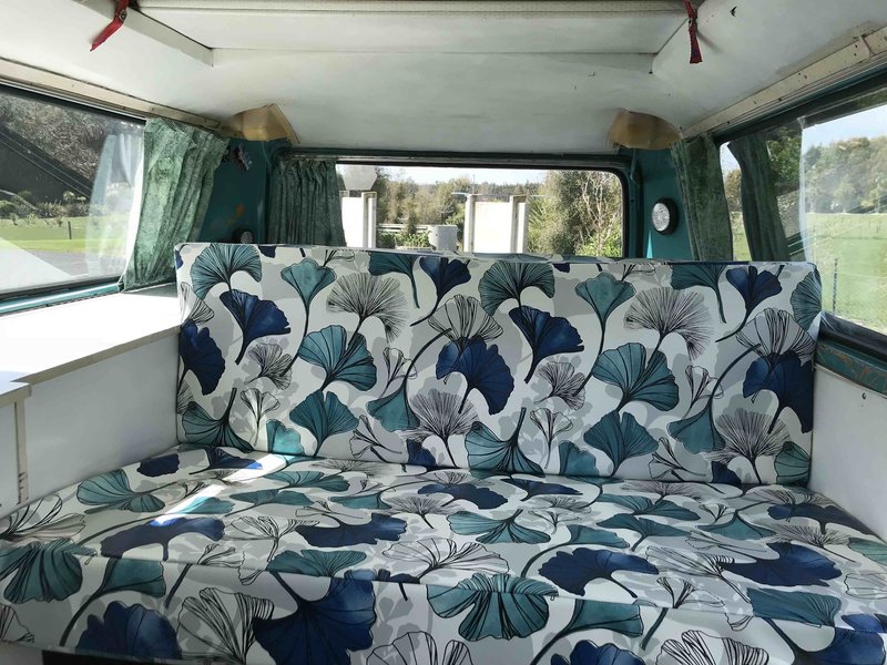 Inside view of seating different viewpoint of Rhonda, teal retro kombi van from NZ Kombi Hire