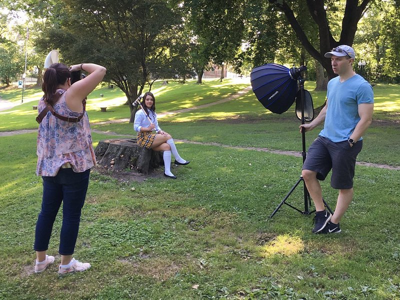 Behind the scenes of a "Heathers" Themed high school senior photo shoot at St. Clair Park in Greensburg, PA