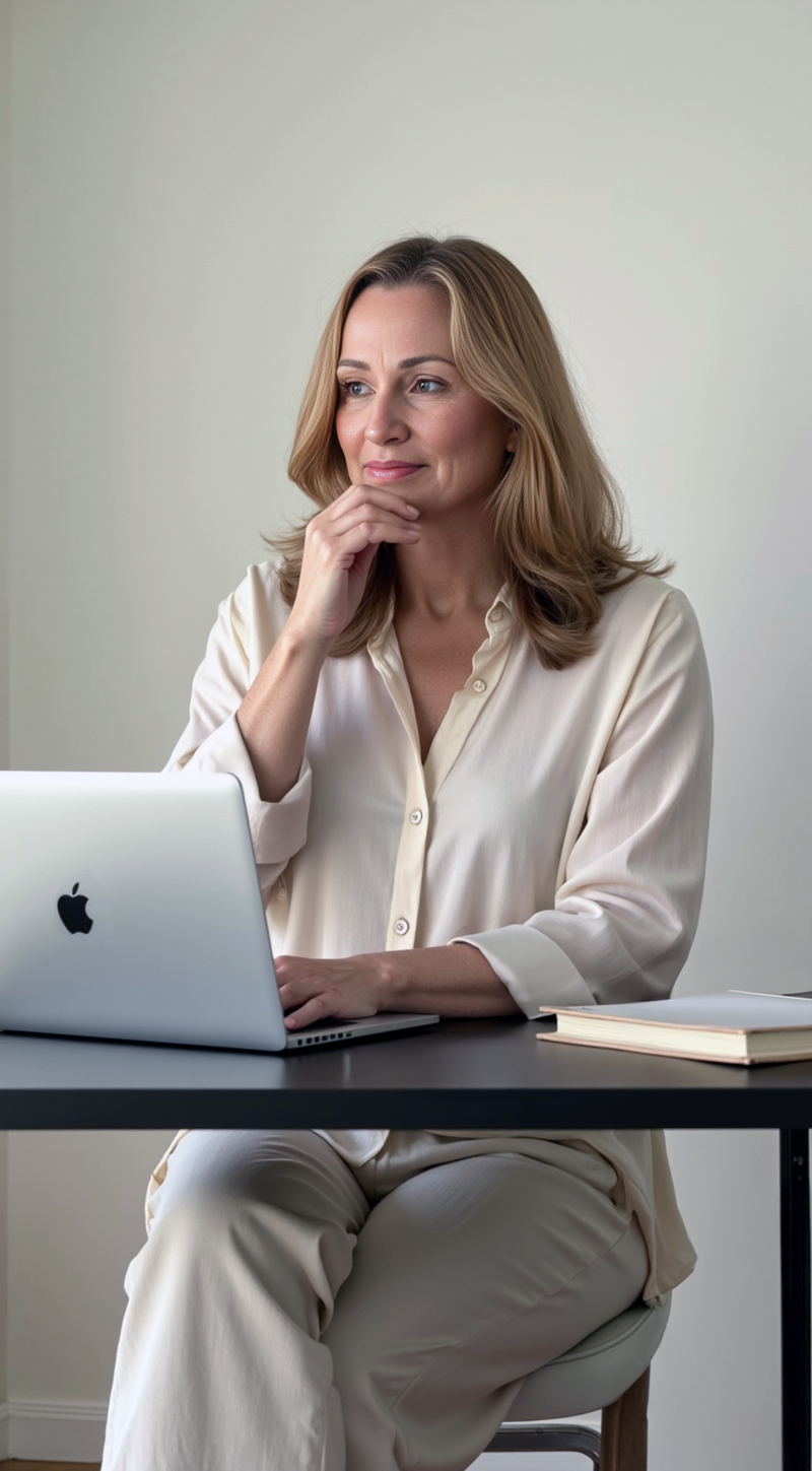 Jenn Cloutier in thoughtful pose at laptop with text overlay 'Be the self-leader everyone's talking about' representing focused leadership mindset.