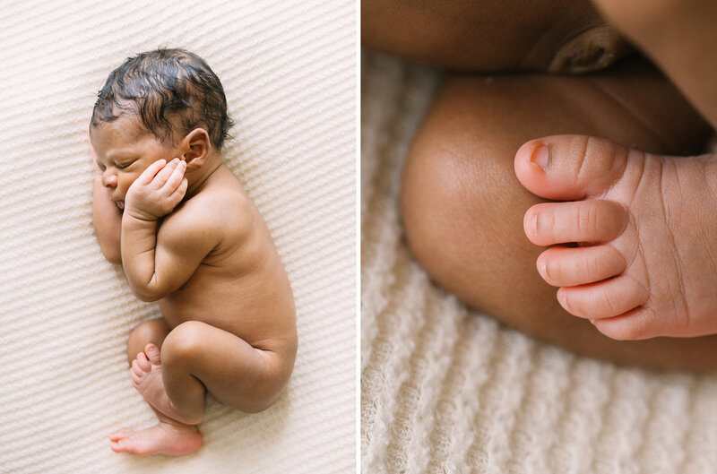 A newborn baby curled up on a whitel blanket with a close up of his sweet little toes.