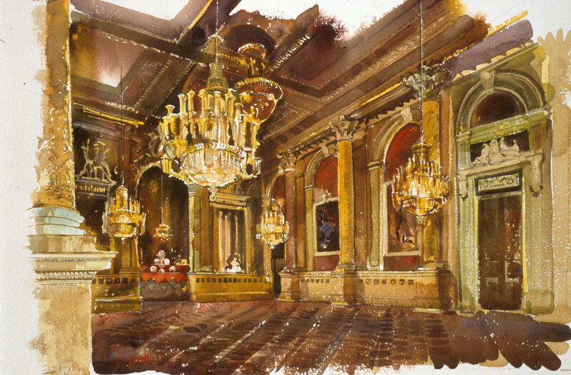 Palace interior watercolor painting