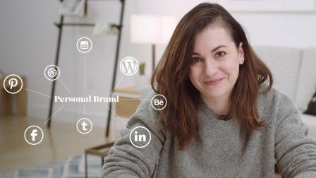 Woman smiling with a graphic overlay of social media icons