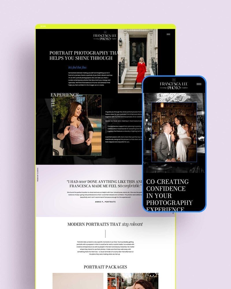 Desktop and phone mock up showing a website for Francesca Lee Photography.