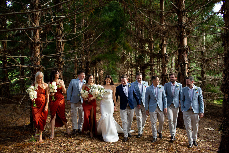 Wedding couple walks through the woods with their bridesmaid and groomsmen