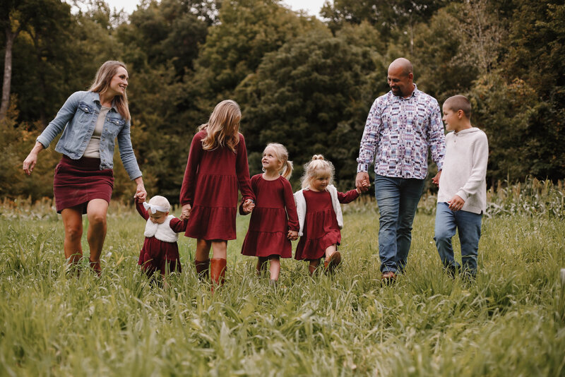 photos of family walking in field