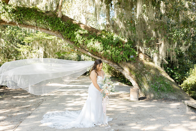 bridal portrait with veil flowing in the wind