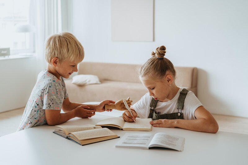 two kids children studying homeschool book in family room