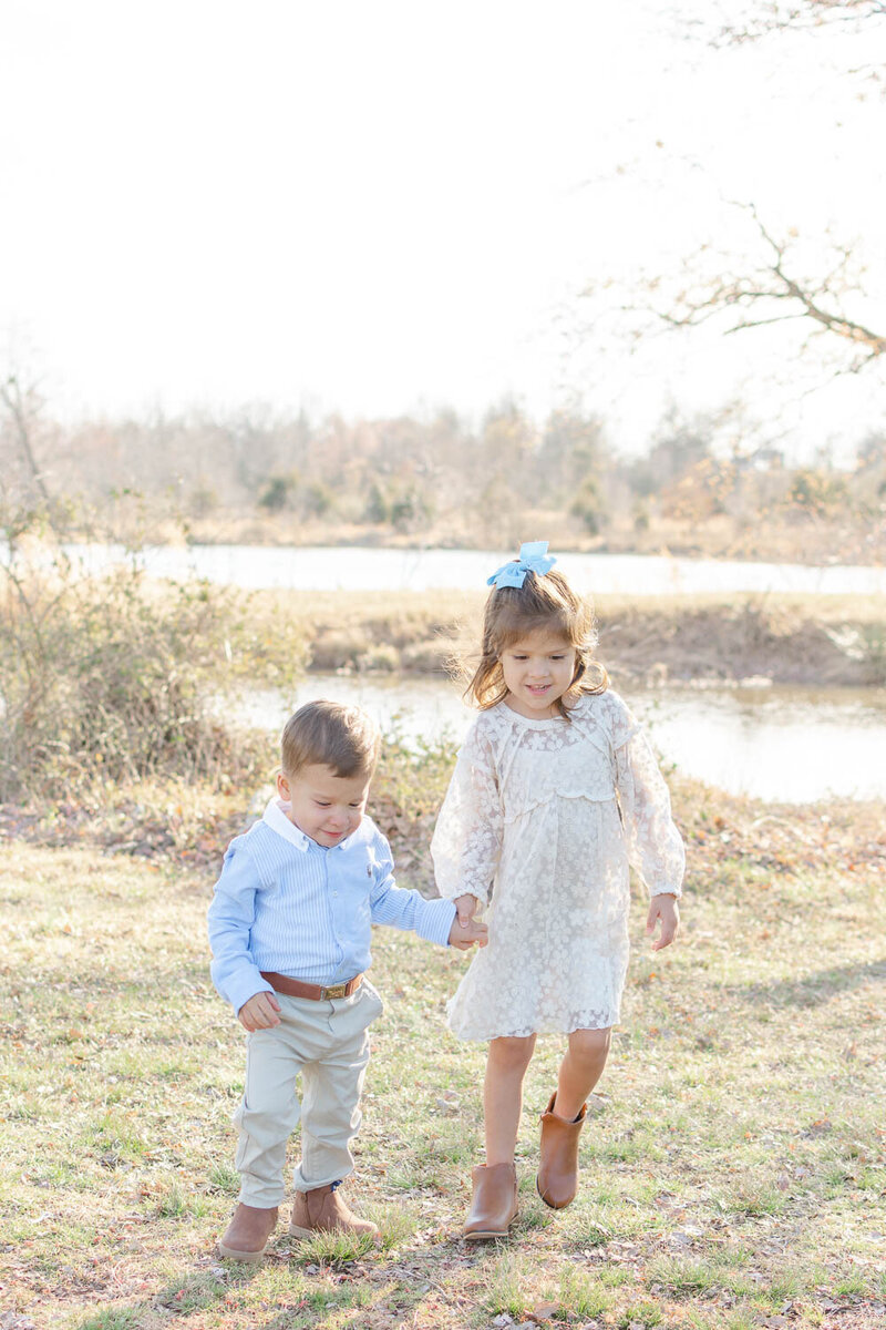 Toddler siblings walking while holding hands during Centreville, Virginia photography