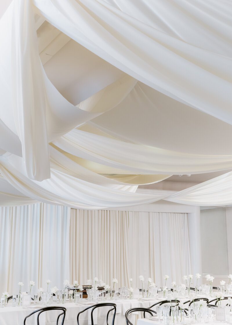 Wedding draping over hangs in this ballroom of the Beverly Hills Hotel.
