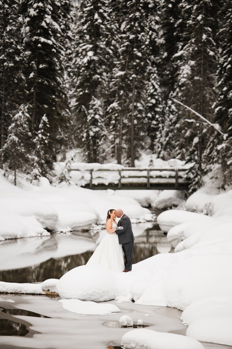 Calgary wedding photographer captures bride and groom kiss beside a snow covered riverside, the bow river.