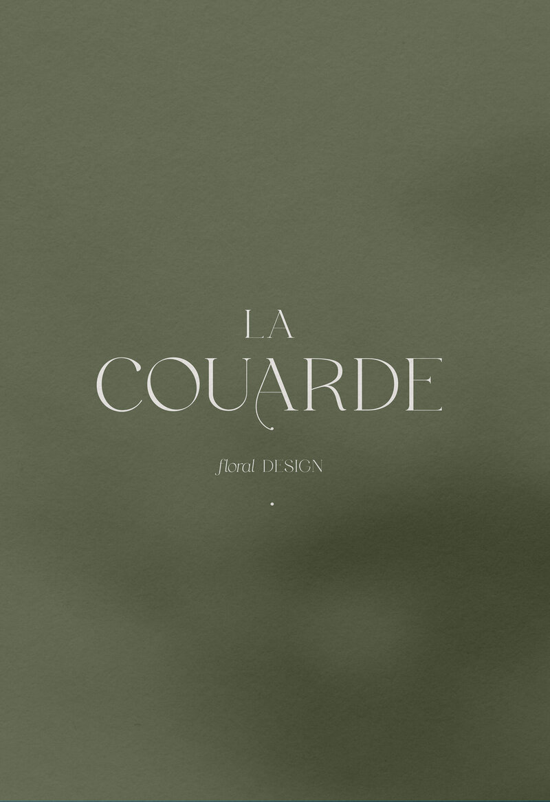 La Couarde semi custom brand logo design in an elegant style, ivory on a sage green background.