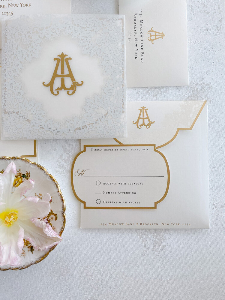 Monogram and lace wedding invitations
