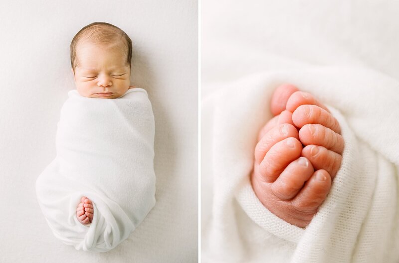 A newborn baby in a white swaddle in Daniele Rose  Photography's studio.