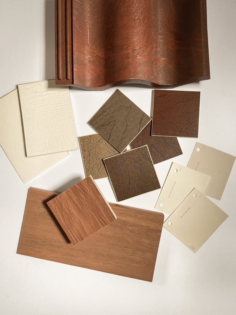 wood paint and roofing samples on a white background