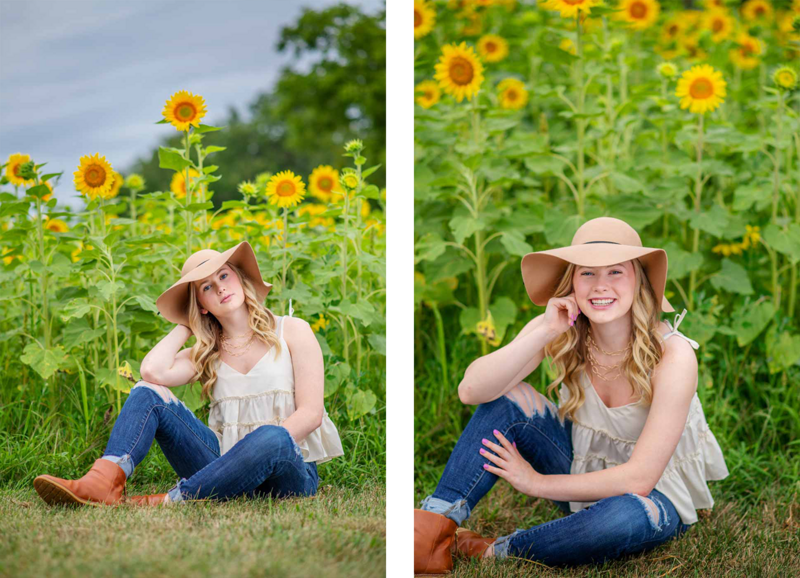 high school senior girl wearing a hat, sitting in front of a field of sunflowers