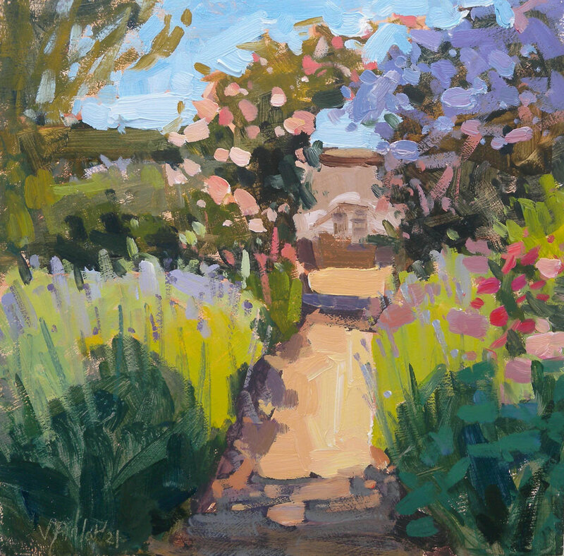 Plein air painting of roses and lavender in June by artist Valérie Pirlot.