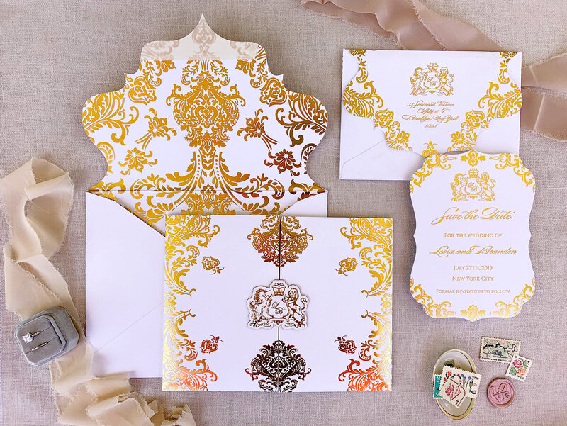 Gold Foil monogram wedding invitation folio with damask pattern