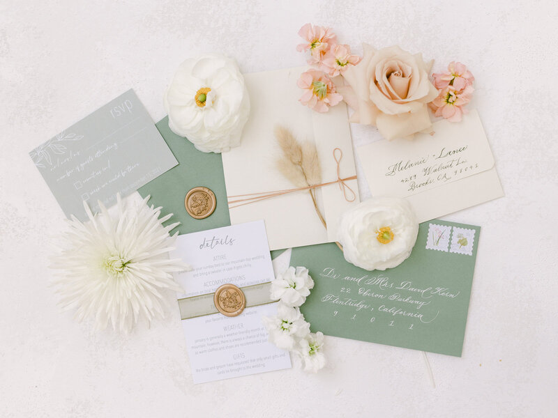 Flatlay of beautifully arranged flowers and envelopes featuring Taylor's exquisite calligraphy designs
