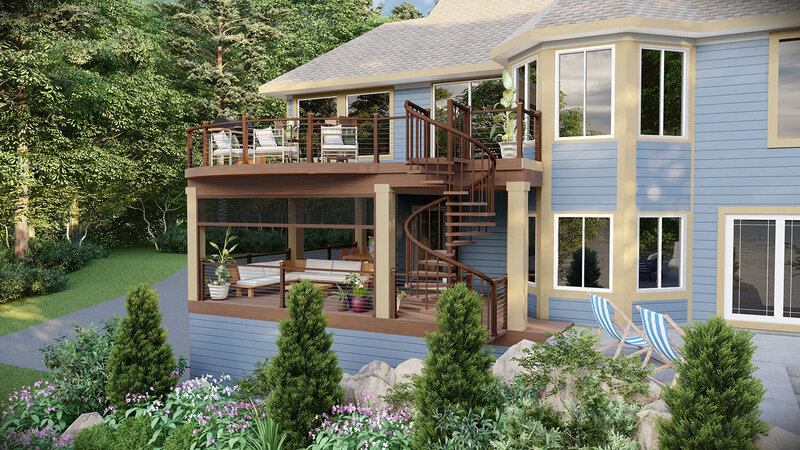 A photo-realistic CAD rendering of a furnished multi-level deck with a spiral staircase connecting the upper and lower levels. 