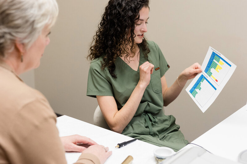 Grace going over bioscan lab results with client 