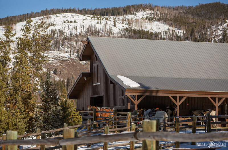 A view of the barn at Devil's Thumb Ranch in Colorado during winter