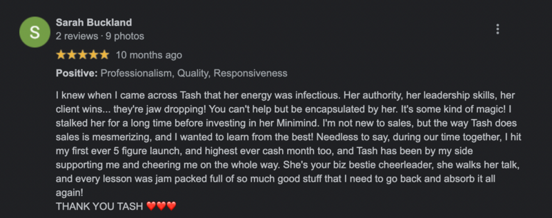 a screenshot of a five star review from one of natasha zoryk's past clients named sarah buckland