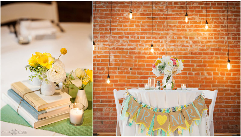 Vintage book themed wedding at Boulder Museum of Contemporary Art with exposed brick walls