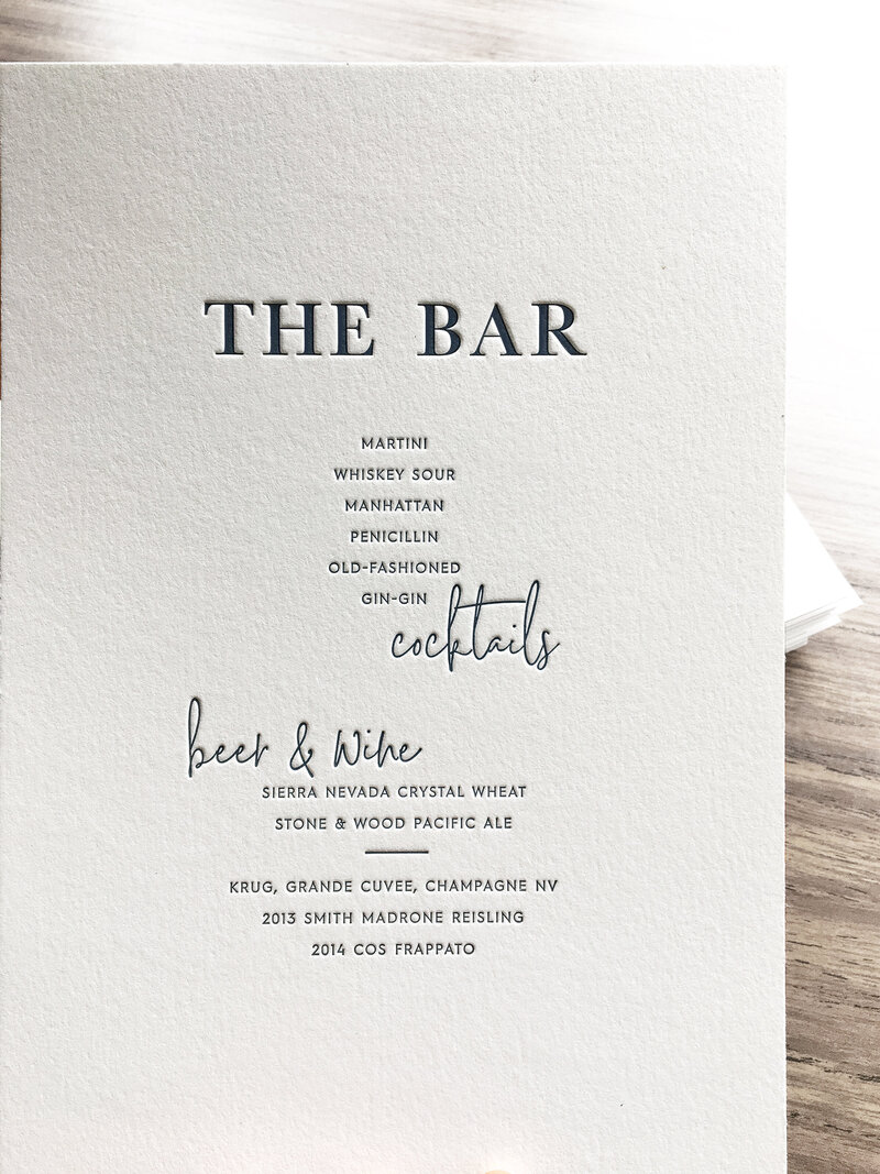 Luxury letterpress printed bar sign  for weddings and events