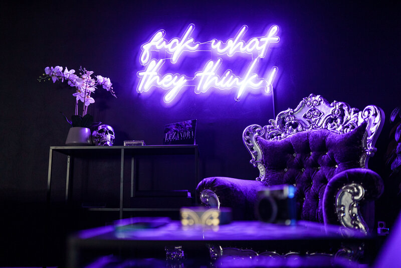 LeZandra Photography Boudoir Studio, purple couch
