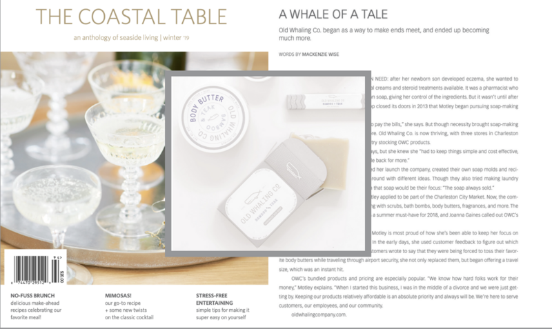 Coastal Table Magazine article featuring Old Whaling Co article. Bamboo & Teak Bar Soap and Body Butter.