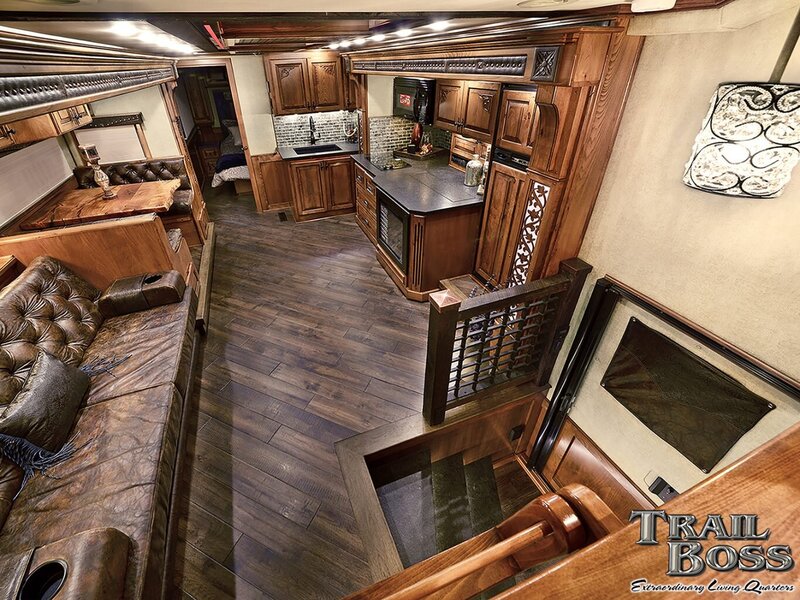View of the living quarters inside a luxury horse trailer