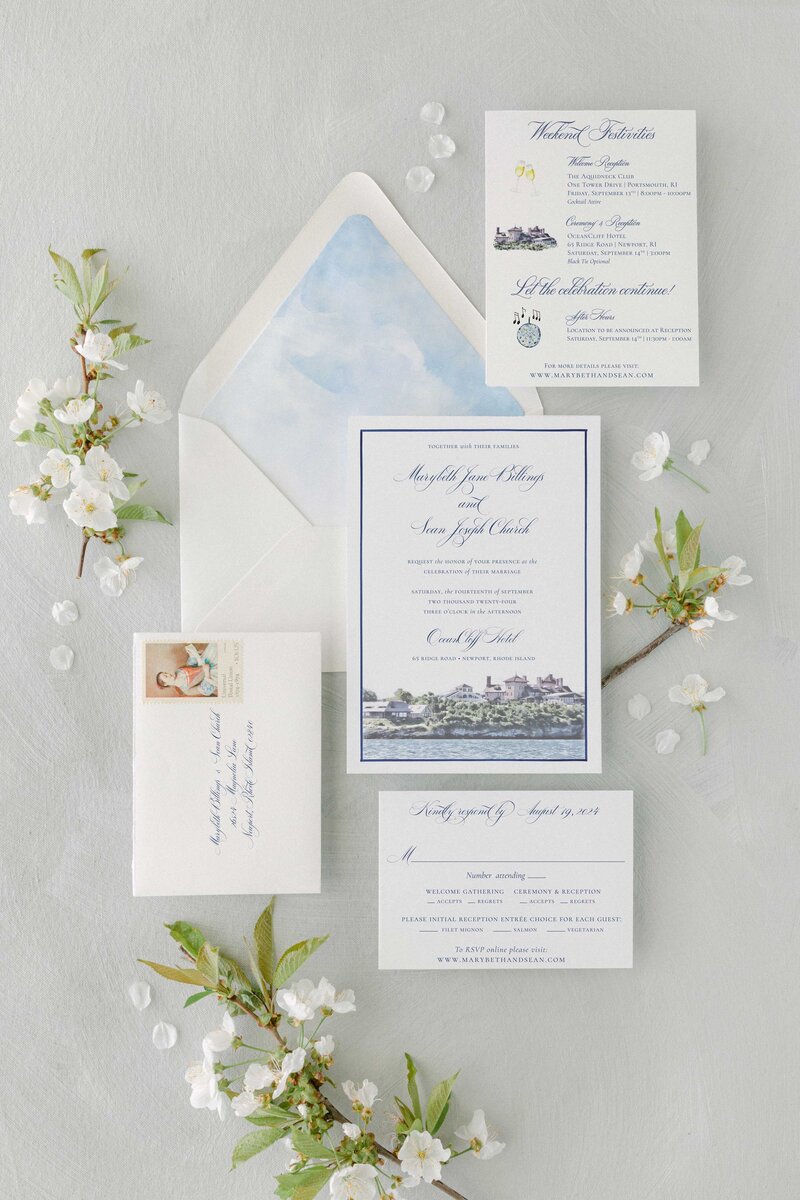 coastal RI wedding invitations with watercolor venue