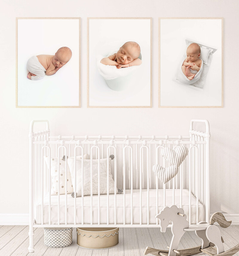Image of a styled baby's nursery with 3 professional newborn photographer images on the wall