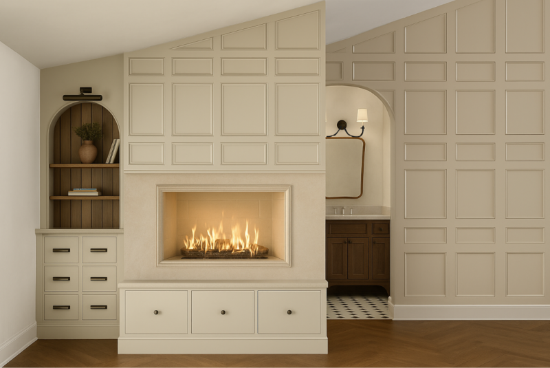 Orange county interior designer Terri Brien Interiors home remodel. master bedroom with painted wall paneling with stianed beadboard and built-in. fireplace with media cabinet, itlaian herringbone wood flooring and a view of the bathroom remodel with stone mosaic flooring and custom vanity