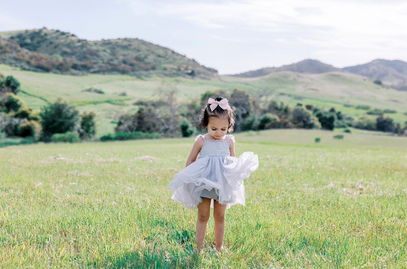 A little girl fluffing her dress in a green field