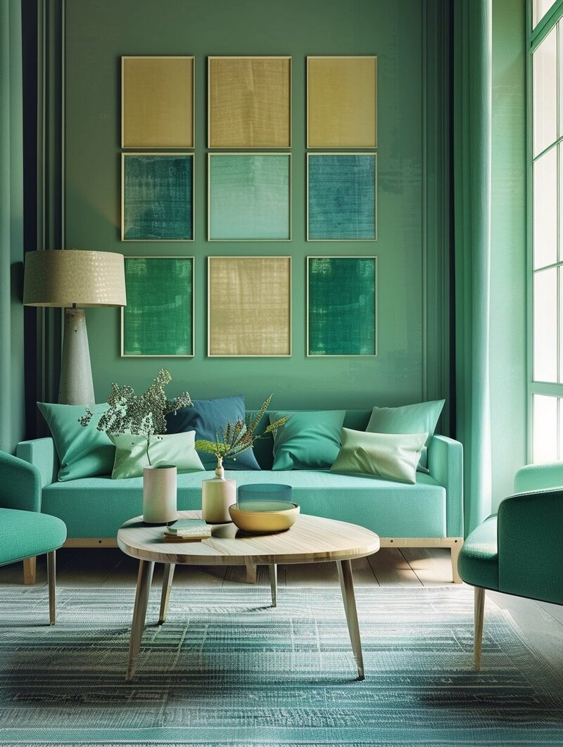 A serene living room setup featuring a teal sofa, matching armchairs, and abstract wall art in a coordinating color palette, designed for Amy Posner business mentor.