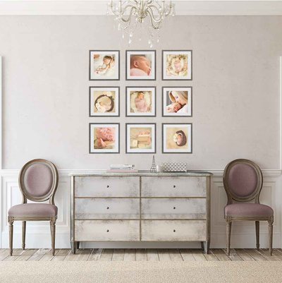 Sky 9 Studio | 9 image gallery wall in Restoration Hardware style entryway with photos of newborn baby girl in neutral cream and mauve tones