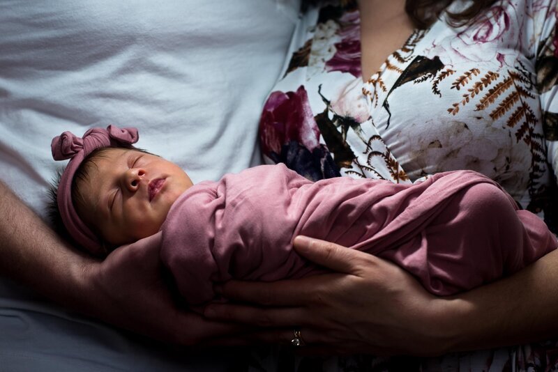 a newborn rests in her parent's arms for a newborn portrait session