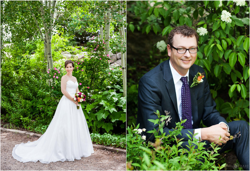 Bride and Groom pose for their own individual photos at the Yampa River Botanic Park