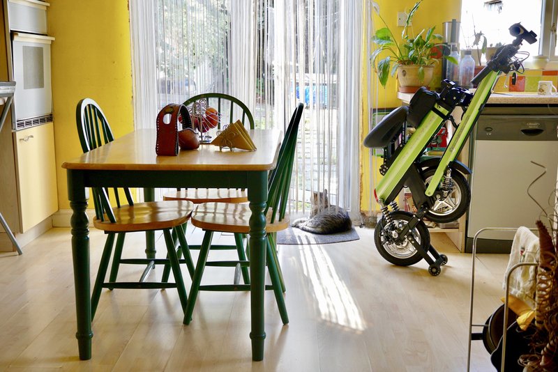 Green Go-Bike M2 Folded up inside kitchen