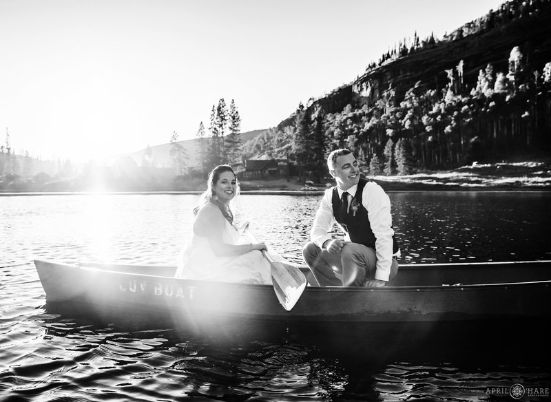 Artistic B&W wedding photo on a canoe on Piney Lake