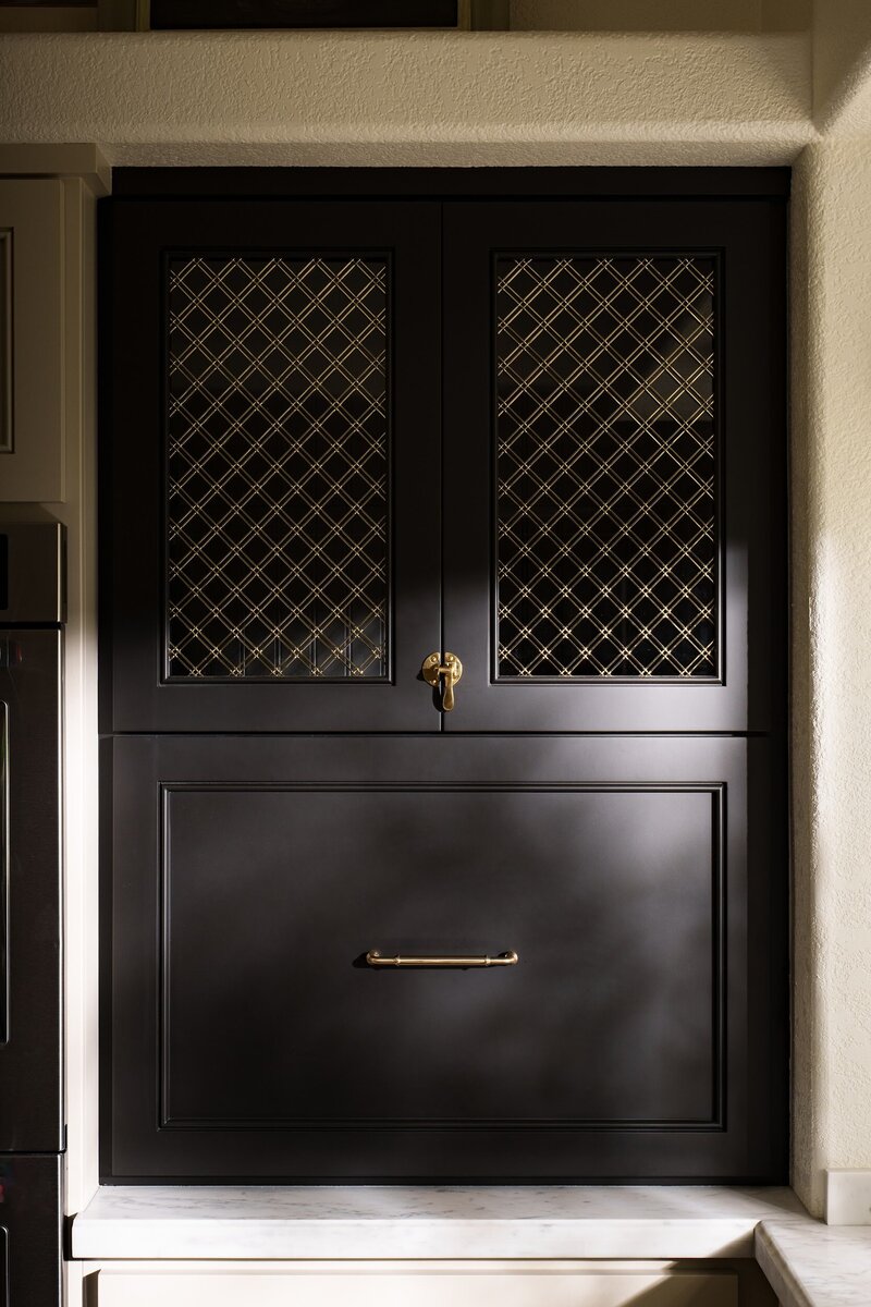 Orange county interior designer kitchen remodel. Black appliance garage with brass hardware.
