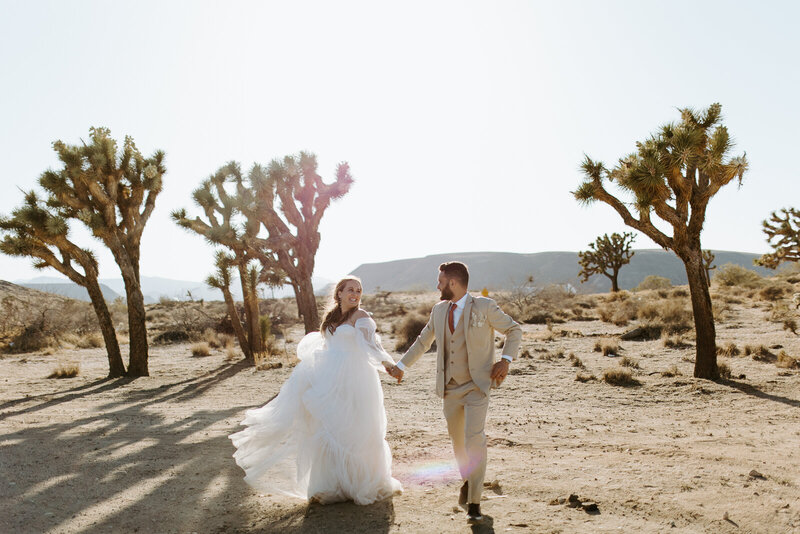 A bride and groom run through the desert in Joshua Tree National Park.