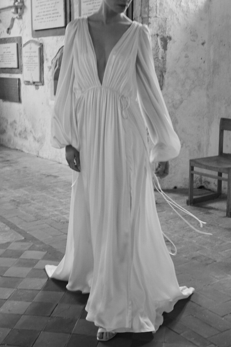Handmade long sleeves silk wedding dress with deep v back and high neck on bride
