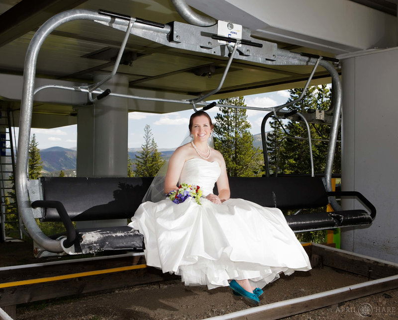Bright summer day wedding portraits at Ten Mile Station on the Ski Lift