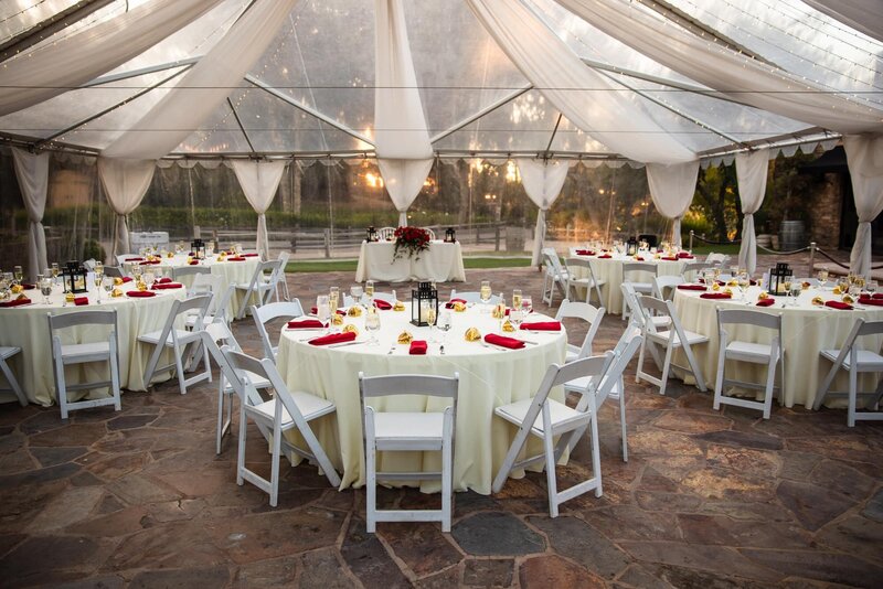 Wedding Reception setup in grand white tent at Lake Oak Meadows in Temecula.