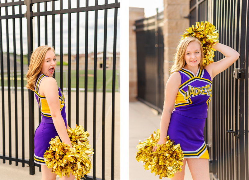 high school senior girl wearing  greenville high shcool cheer uniform posing in front of gates of football field