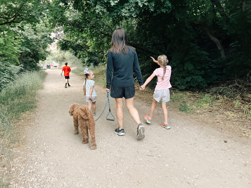 Family of young kids walking a dog on a loose leash