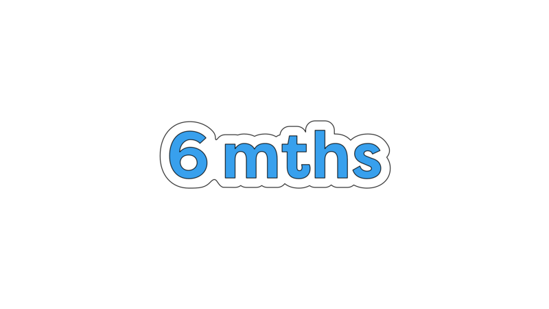 A white and blue image that says "6 months"