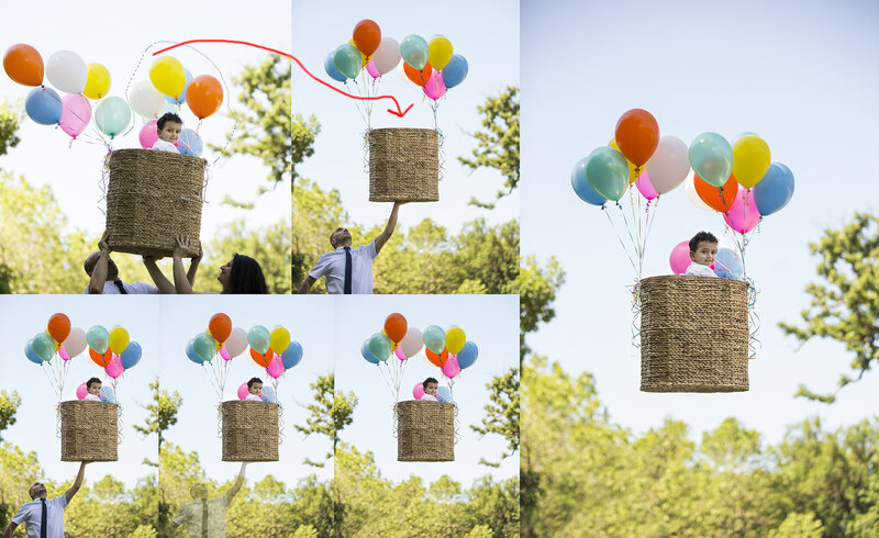 Child edited into basket for creative balloon photos.